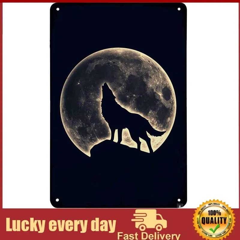 

HOSNYE Wolf Howled Tin Sign Full Moon with Rocks and Moonlight at Night Vintage Metal Tin Signs for Men Women Wall Art Decor