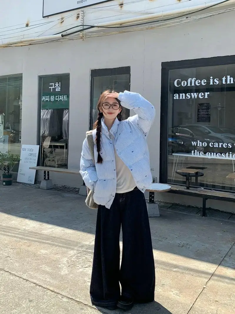 Корейская серия синее хлопковое стеганое пальто с бантом в полоску для женщин