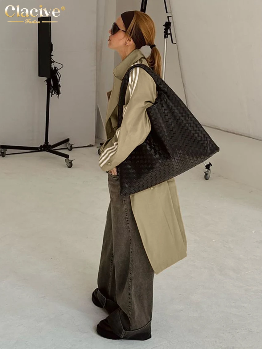 Зимняя свободная Классическая Ветровка цвета хаки с отложным воротником и