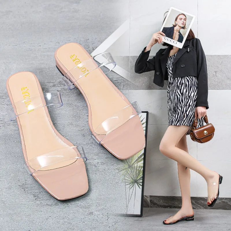 2022 New Women Sandals Summer Slip-on High Heel Women Beach Slippers Transparent Pvc Sandals Square Toe Slides Size 35-43
