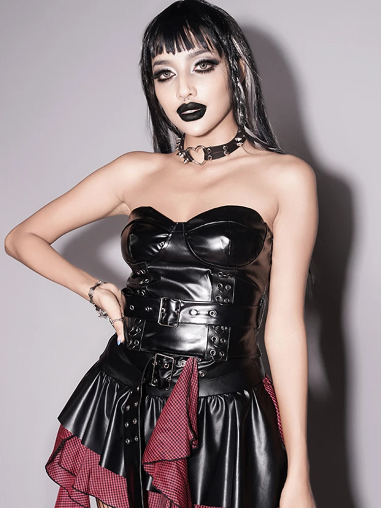 

Женский топ без бретелек, готический укороченный топ из искусственной кожи в стиле панк, без рукавов, на молнии сзади, жилет с открытой спиной в стиле Харадзюку, Y2K, 2023