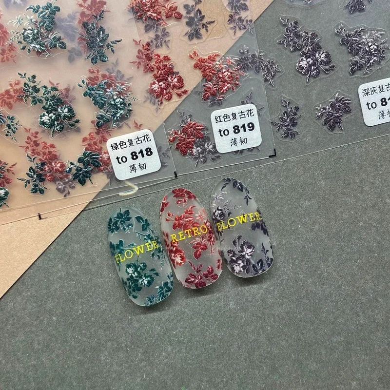 

Retro Red & Green Flower Pattern Nail Sticker 5D Relief DIY Self-adhesive Back Glue Ultra-thin Decal Salon Manicure Tool