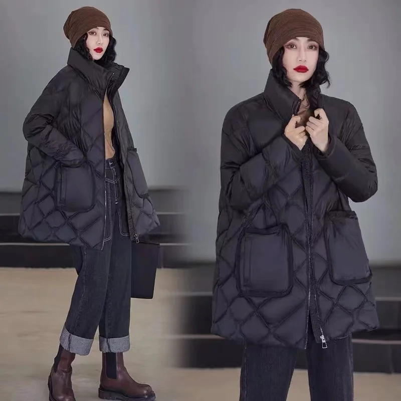 

White Duck Down Coat for East Gate of South Korea Women's Diamond Box Loose Size Small Stand Collar Coat
