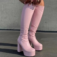 pink block high heel knee high boots platform boots for women shoes 2022 new winter brand fashion punk boots botas de mujer