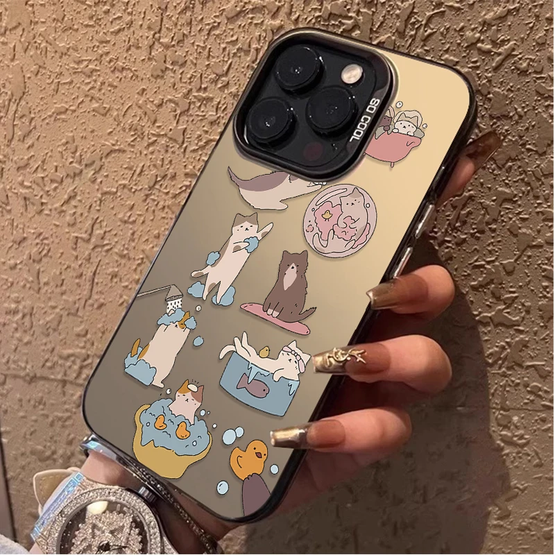 Funny Cute Doodle Cat IMD Hard Case For iPhone 16 ProMax 15 14 13 12 11 Pro Max XS X XR Plus Y2K Plating PC Bumper Back Cover