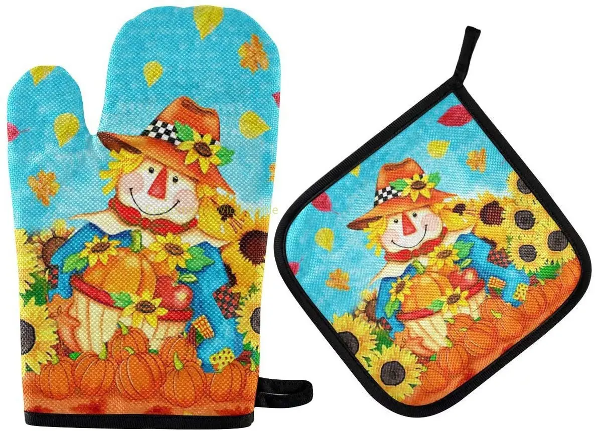 

Autumn Scarecrow Pumpkin Oven Mitts Hot Pads Insulated Washable for Cooking Baking BBQ Decorative Kitchen Gift