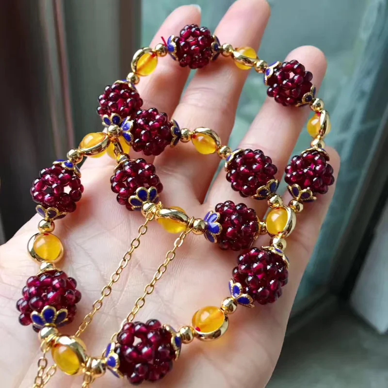 Natural Garnet Bracelet Chinese Style Multi Circle Alloy Bracelet Ladies Jewelry Fashion Women Accessories