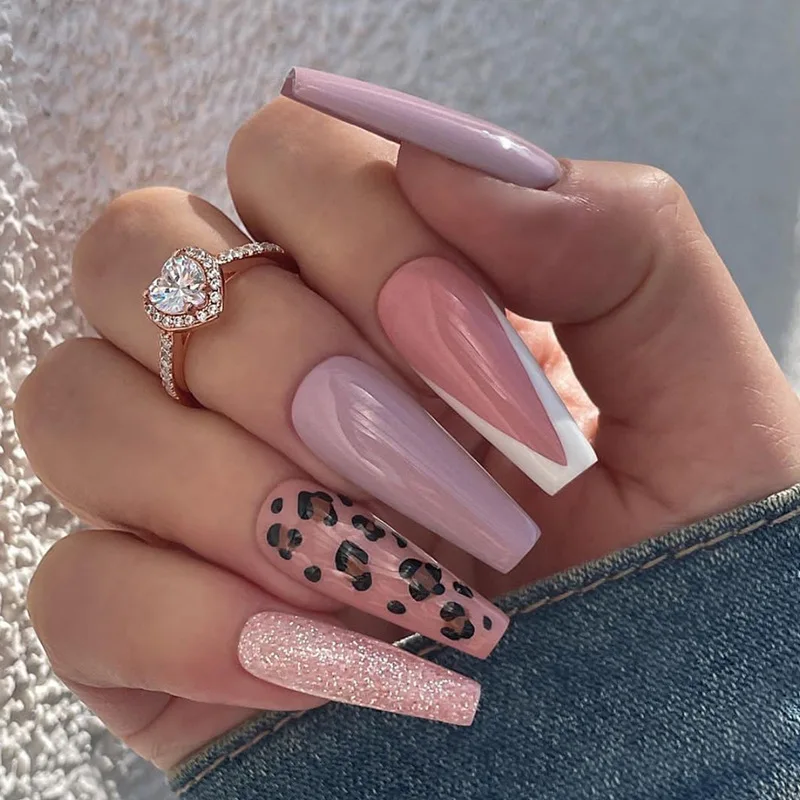 

24Pcs/Box Taro Purple Long Style Wearing Nail Simple French Leopard Pattern With Glitter Powder Press On Nails Ballerina Nails