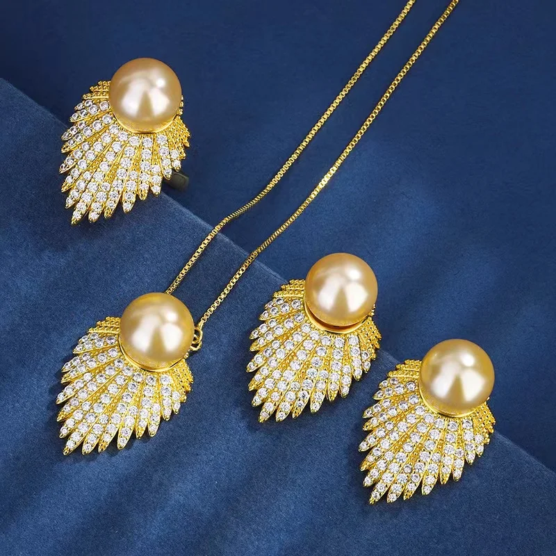 

2023 Luxury 12mm Big Pearl Pendant Necklace Earrings Ring Sets for Women CZ Zircon Anniversary Gifts Wedding Party Fine Jewelry