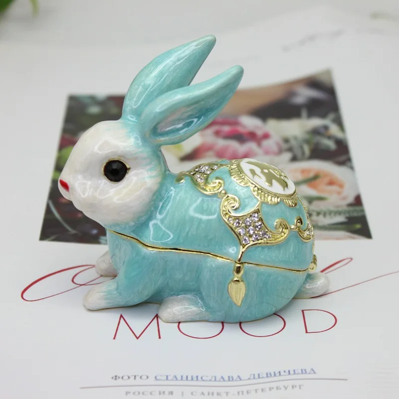 New Rabbit Trinket Box Hinged Hand-painted Figurine Collectible Ring Holder