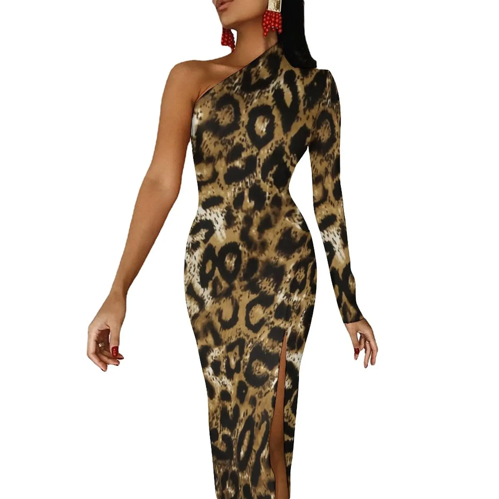 

Gold Leopard High Slit Bodycon Dress Female Classic Animal Print Elegant Maxi Dress Spring Long Sleeve Party Dresses Gift Idea