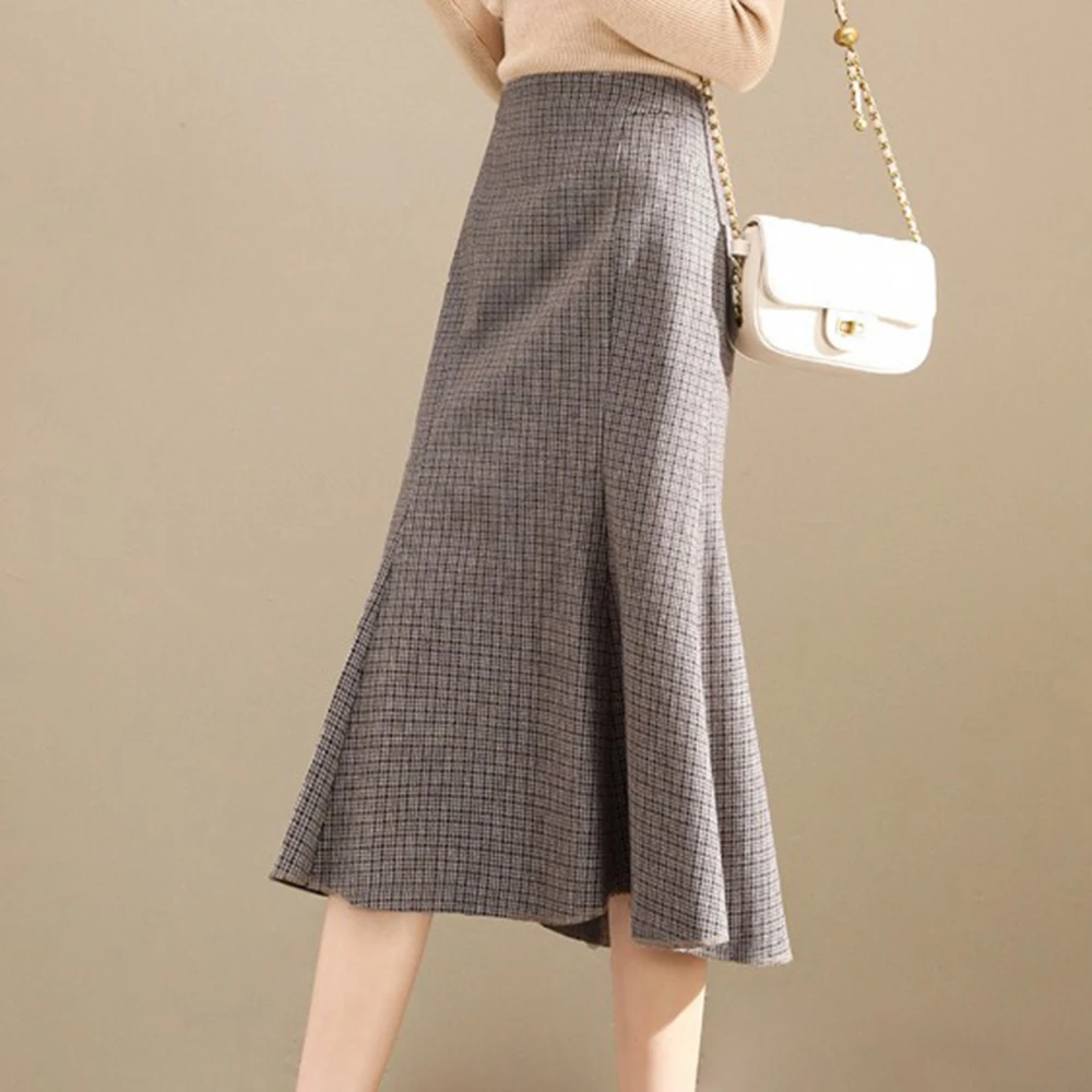 

A-Line Plaid Knee-Length Patchwork Women's Skirt Elegant All Matched Slim Female Fishtail Skirt Simple Style Ladies Fashion