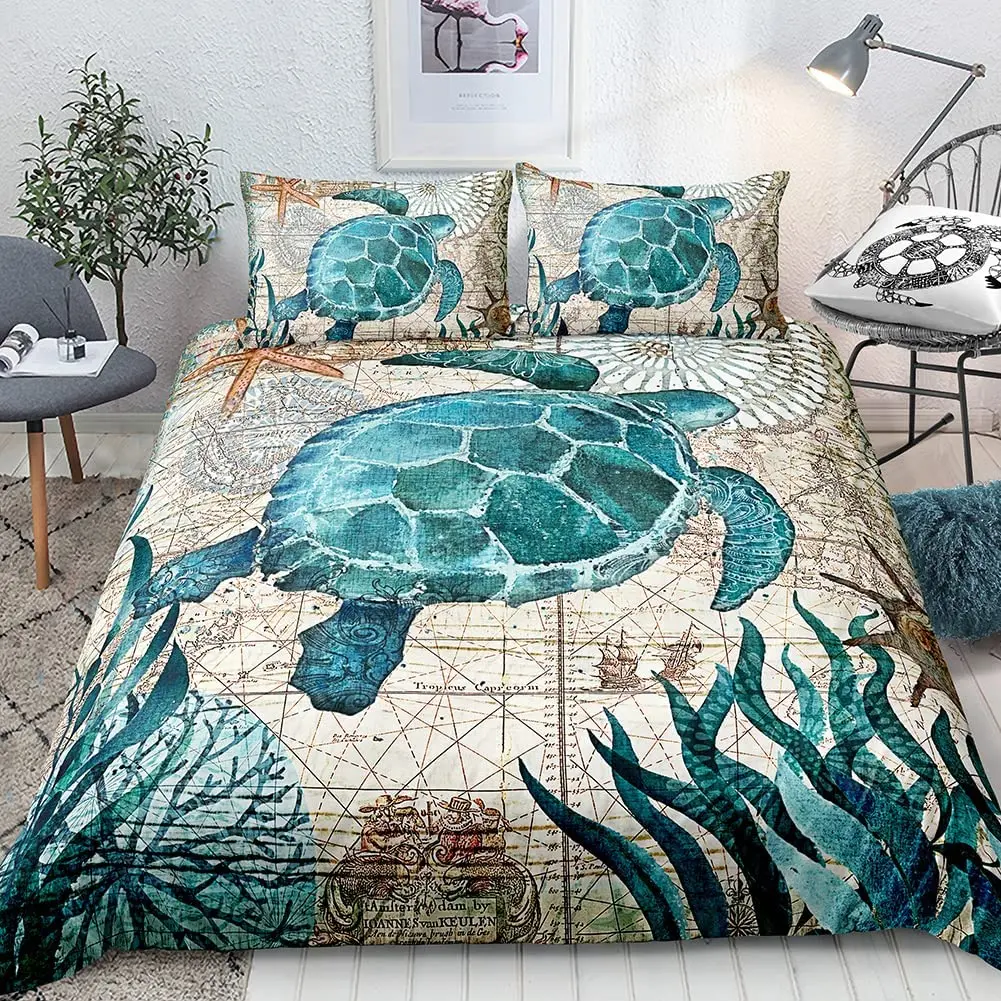 

Sea Turtle Bedding Ocean Duvet Cover Set Teal Mediterranean Style Marine Themed Design Ocean Bedding Sets With Pillowcases