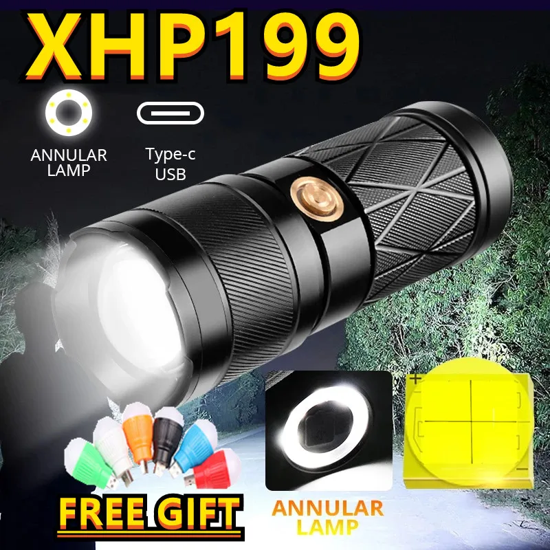 

2022 Super Bright XHP199 USB Rechargeable 11400mah LED Flashlight With input and output Waterproof Outdoor Camping Climbing
