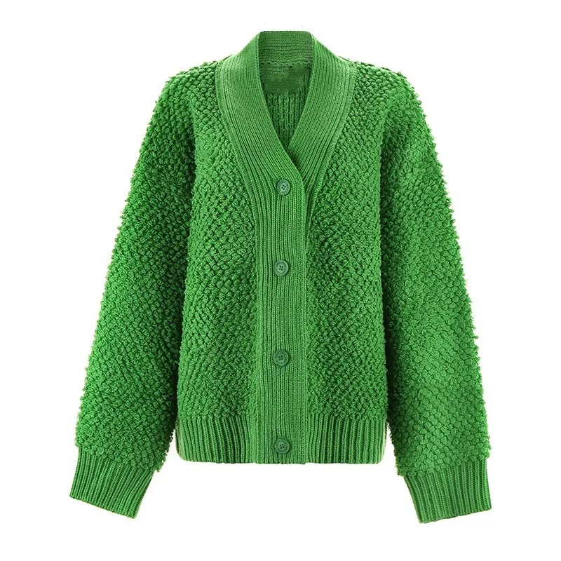 

Autumn Winter Green Warm Thicken Knit Cardigan Women Wool Cashmere Sweater Coat Loose Vintage Single Breasted Coat Knitwear H541