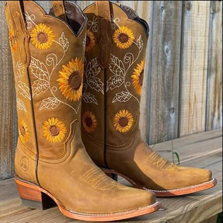 Women Shoes Mid-calf Boots Sunflower Printed Boots Thick Heel Leather Cowboy Boots Plus 35-43