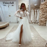 thinyfull lace flower side slit wedding dresses long sleeves o neck tulle bridal gowns appliques princess country bride dress