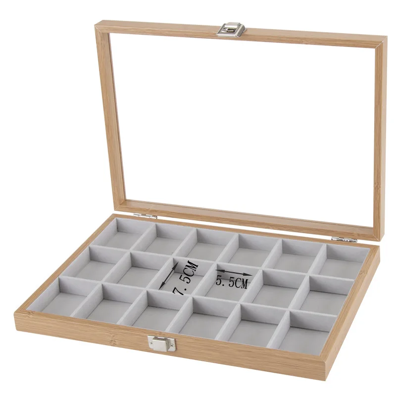 18 Grids Wooden Pendant Case Necklace Storage Jewelry Organizer Tray Holder Box Showcase with Windowed Glass Cover For Drawer