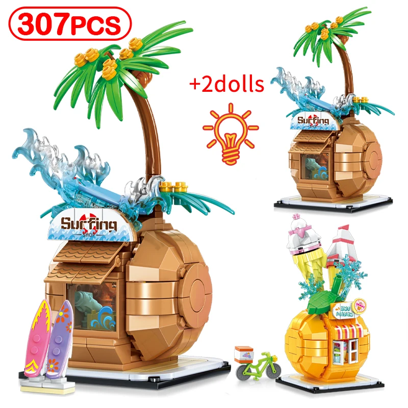 

City LED Lights Friends Fruit Peach House Street View Series Building Blocks Architecture Figures Bricks Toys For Children Gifts