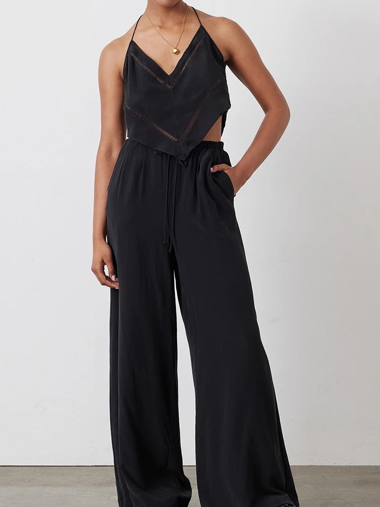 

Linad Black Pajamas For Women 2 Piece Sets Sexy Spaghetti Strap V Neck Crop Top Casual Female Trouser Suits Loose Sleepwear
