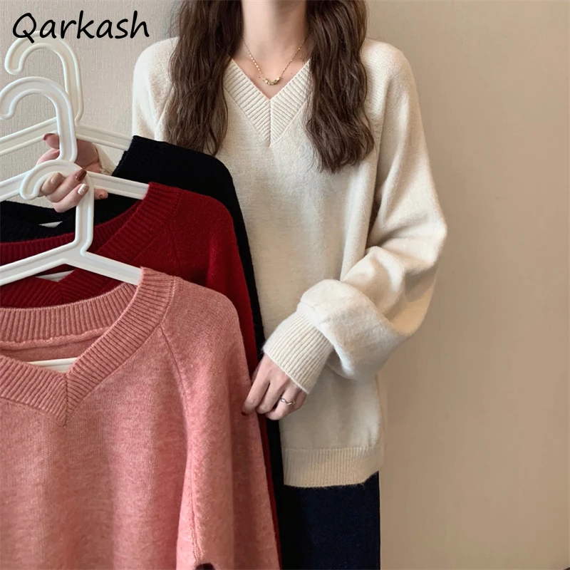 

V-neck Pullovers Women Loose Simple Autumn All-match Cozy Sweater Mujer Leisure Vintage Ins Tender Jumper 4 Colors Basic Classic