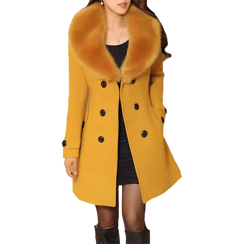 

Elegant Women Coats Wool Blends Plus Size Sashes Faux Fur Collar Double Breasted Office Ladies Vintage Overcoat Winter Coat 5XL