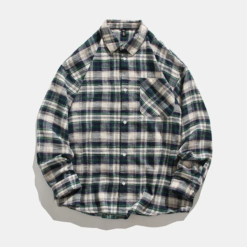 

Men's Oversized Long Sleeve Shirts Plaid Flannel Button Down Shirt Green Checked Cardigan Casual Streetwear Coats