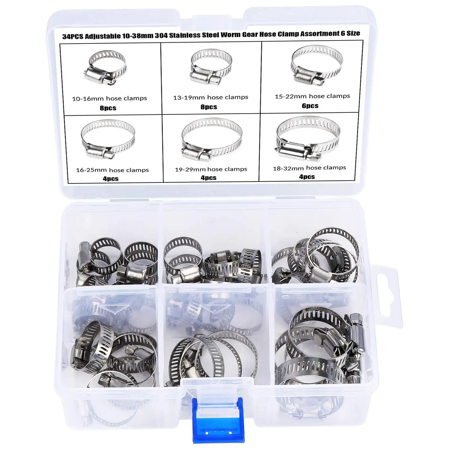 

Hose Clips Adjustable 10-38mm 304 Stainless Steel Worm Gear Hose Clamp Assortment,5/8"- 1-1/16" 7 Sizes,34-Pack