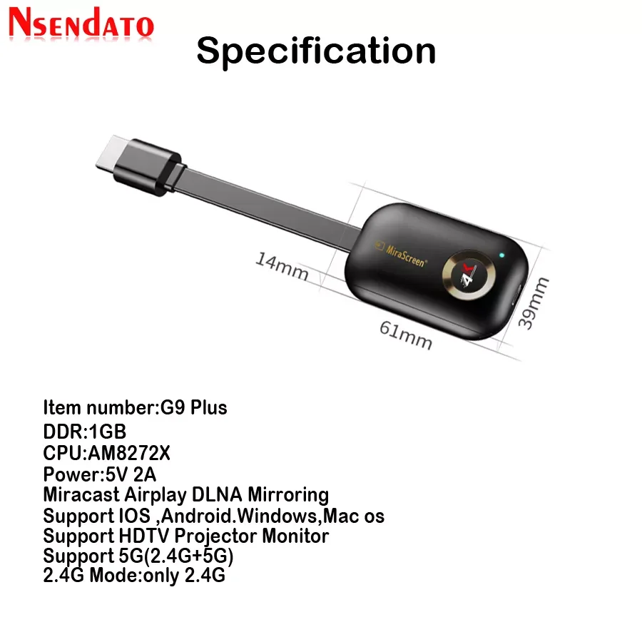 

Mirascreen G9 Plus 2.4G/5G 4K Miracast Wifi for DLNA AirPlay HD TV Stick Wifi Display Dongle Receiver for IOS Android windows
