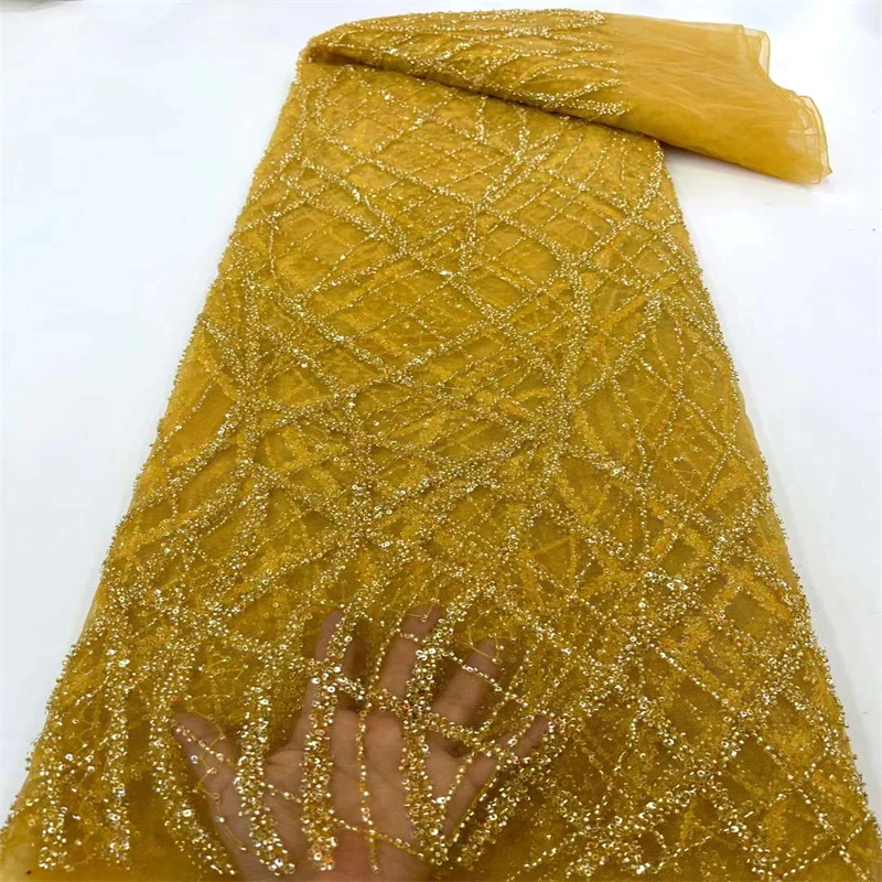 

Hing-End Luxury French Hand Beads Embroidery Lace Fabric African Nigerian With Sequins Fabric For Wedding Dress XC-350