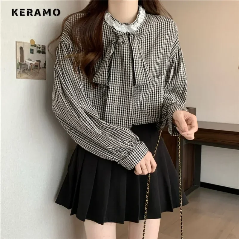 Женская винтажная клетчатая рубашка однобортная Свободная Повседневная Блузка