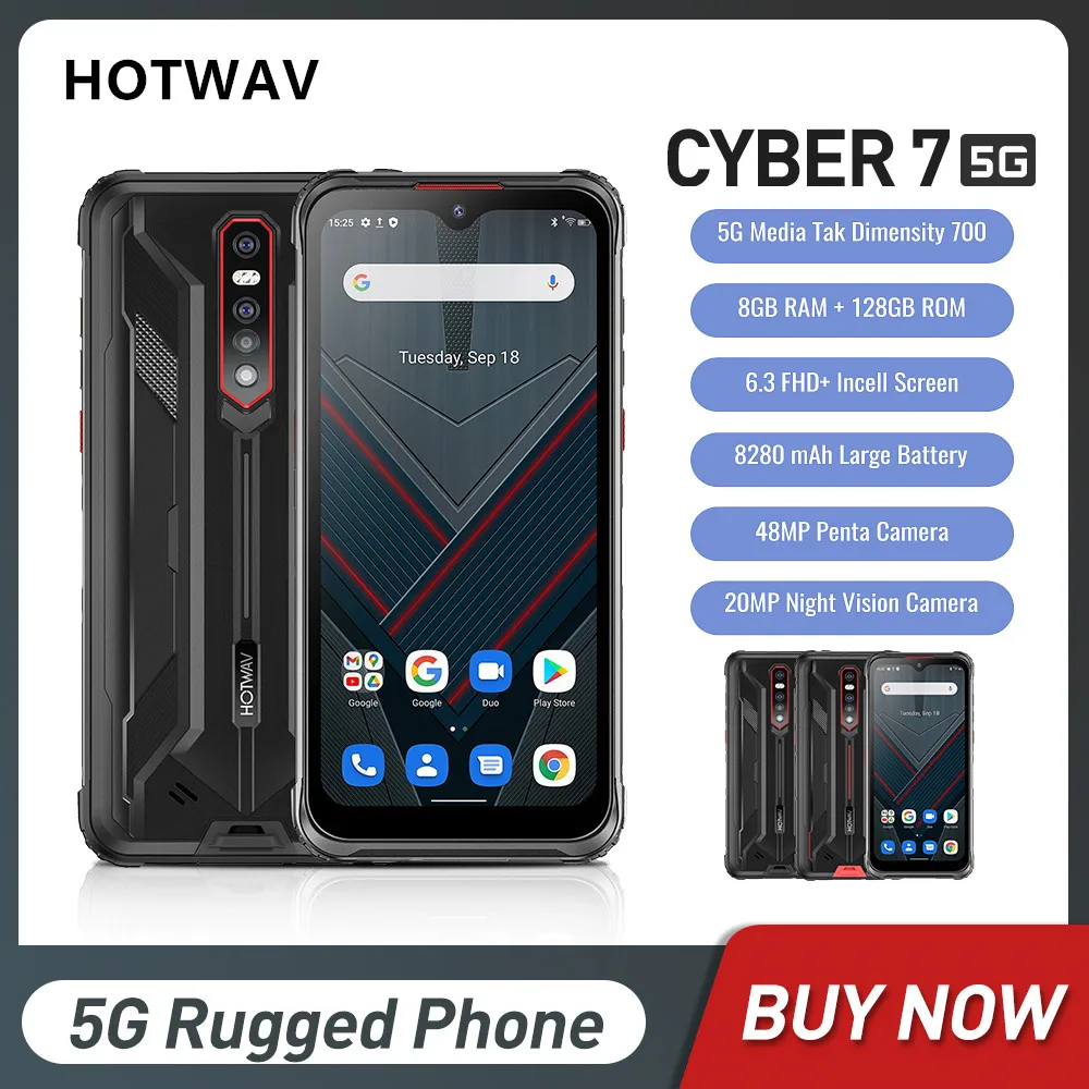 

Hotwav Cyber 7 Android 11 5G Rugged Smartphone 6.3Inch FHD Screen 8GB RAM 128GB ROM Mobile Phone 8280mAh Battery 48MP Camera NFC