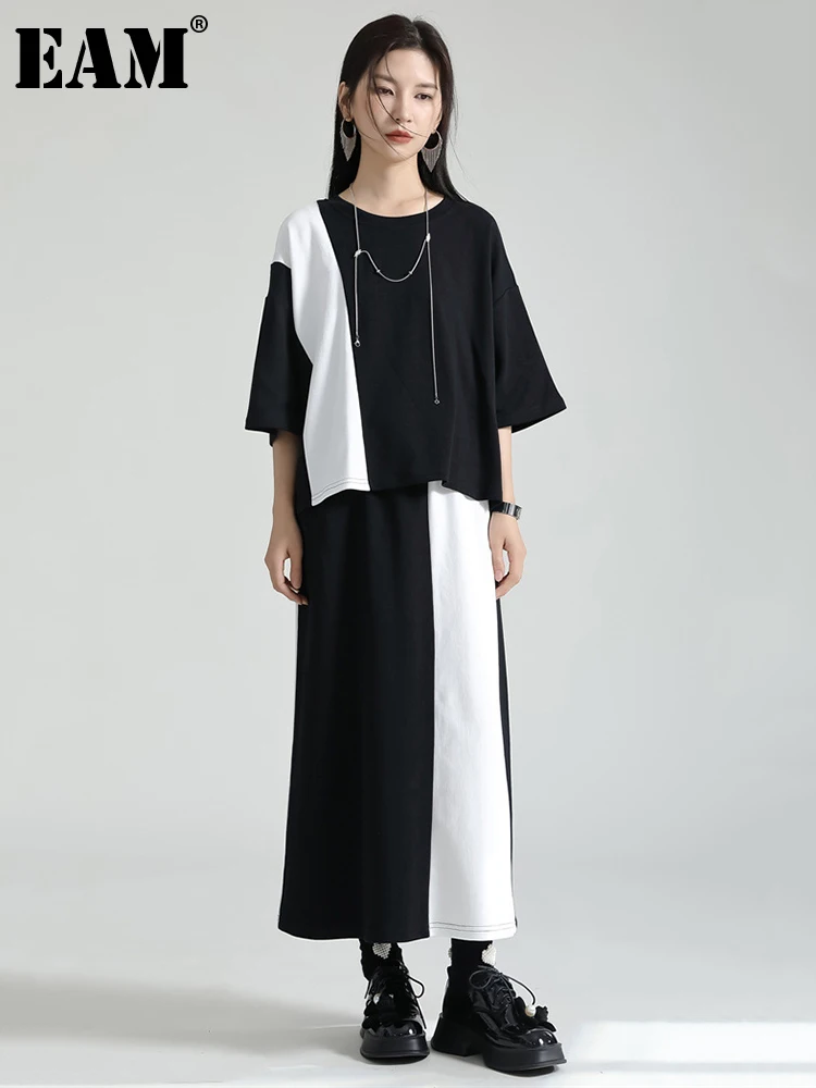 

[EAM] юбка средней длины, большой размер, костюм из двух предметов, новинка, круглый вырез, рукав три четверти, женская мода, весна-осень 2023, 1DF8167