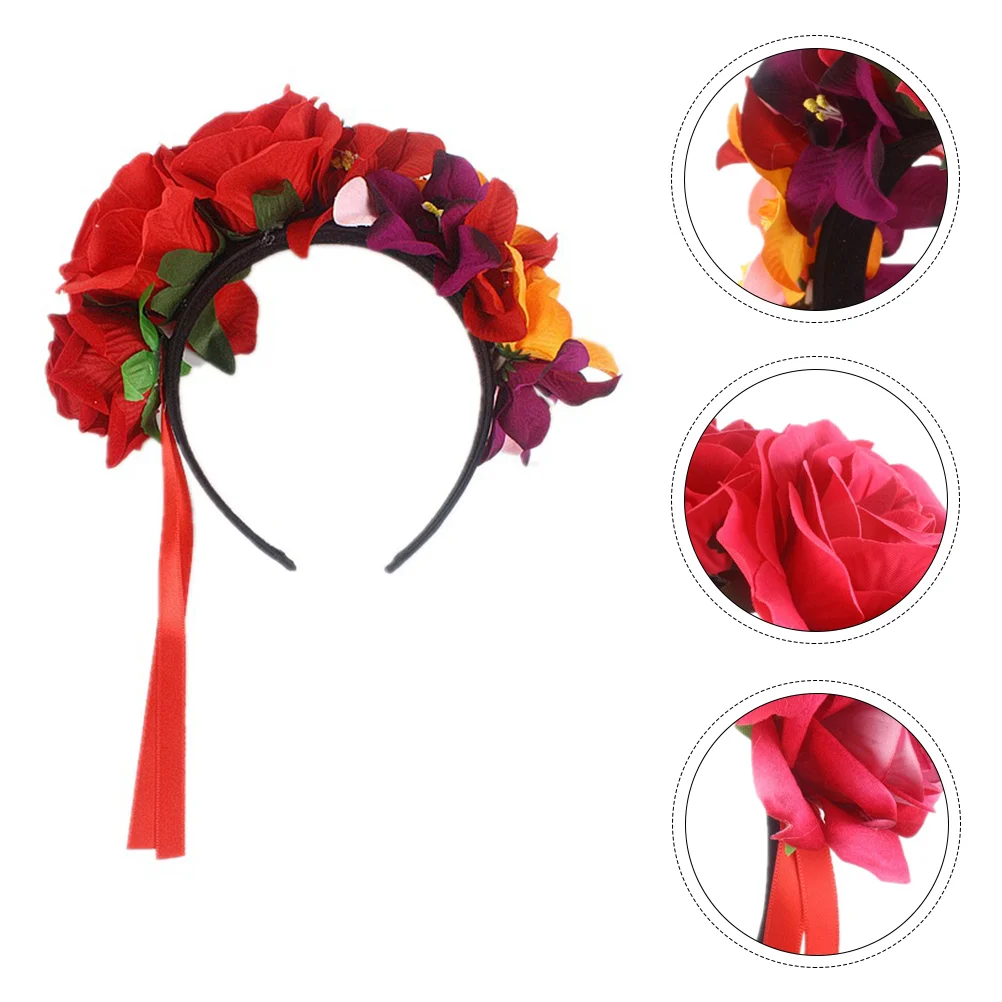 

Headband Flowerdaythe Deadrose Floral Headwear Hair Mexican Costume Party Hoop Veil Festival Red Colorful Headpiece Gothic Band