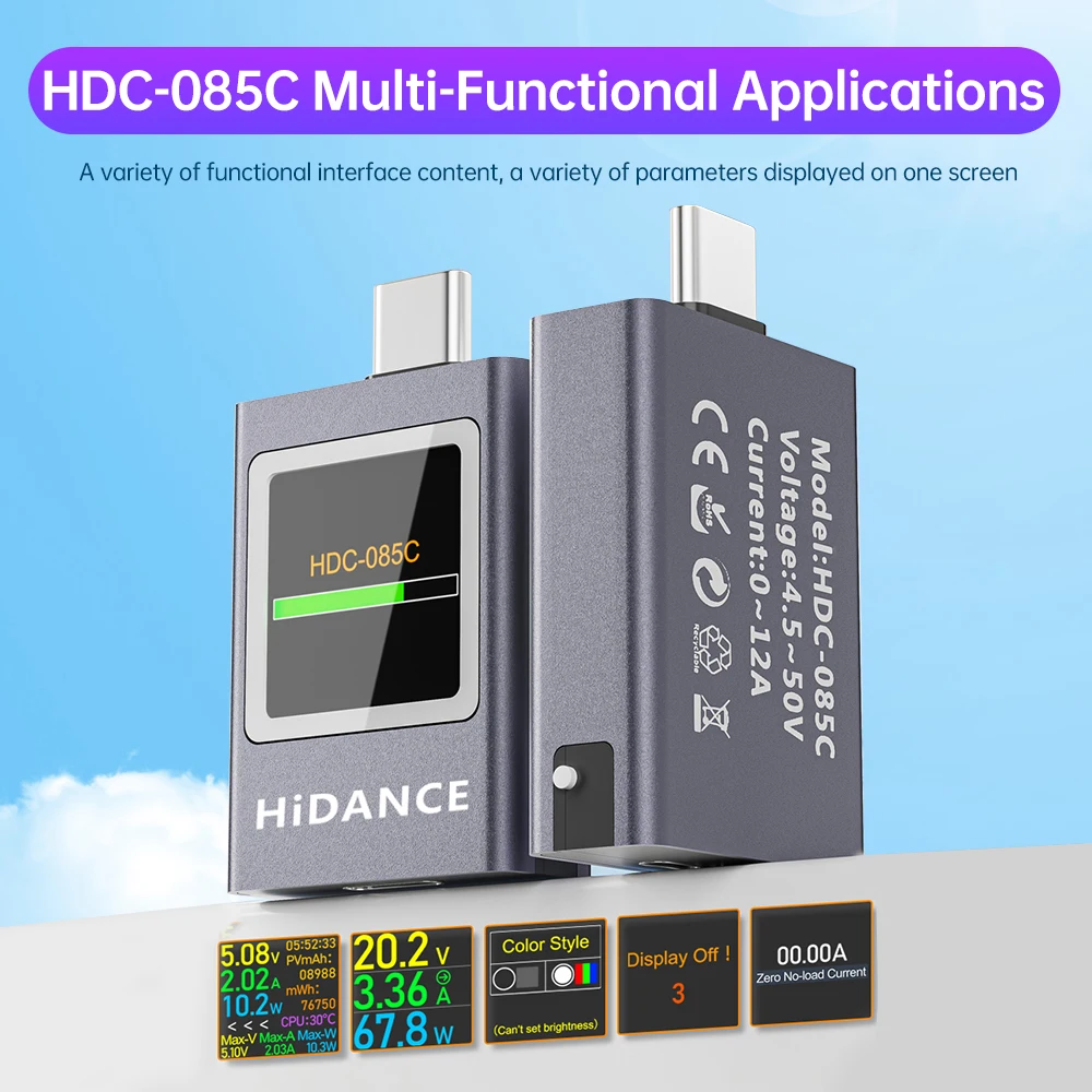HDC-085C DC 4 5-50V 0-12A PD3.1 Многофункциональный цифровой дисплей амперметр напряжения