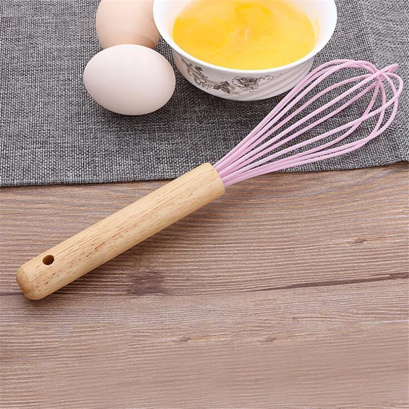 Hot Sale Wooden Handle Mixer Egg Beater Manual Self Turning Silicone Whisk Hand Blender Egg Cream Stirring Kitchen Tools