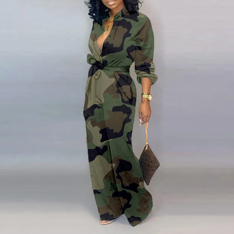 

Spring Overalls For Women's Jumpsuit 2022 New Female Office Lady Straight Jumpsuits Long Sleeve Sashes Print Casual For Rompers