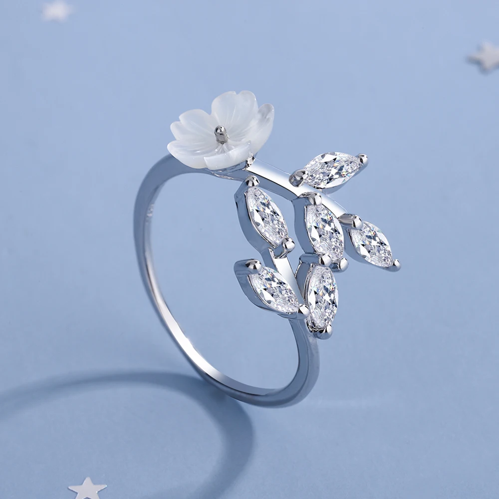 

925 Sterling Silver Gemstone Shell Flower Ring Pave Setting CZ Opal Leaves Ring for Women Birthday Gift Size 6-8 BSR309