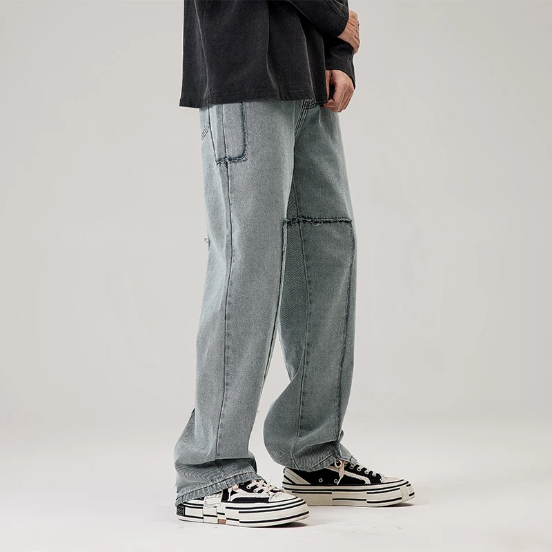 Loose Street Style Straight Cargo Pants Jeans Men's Fashion Brand Splicing Cargo Pants Retro Trend Casual Youth Denim Loose MEN