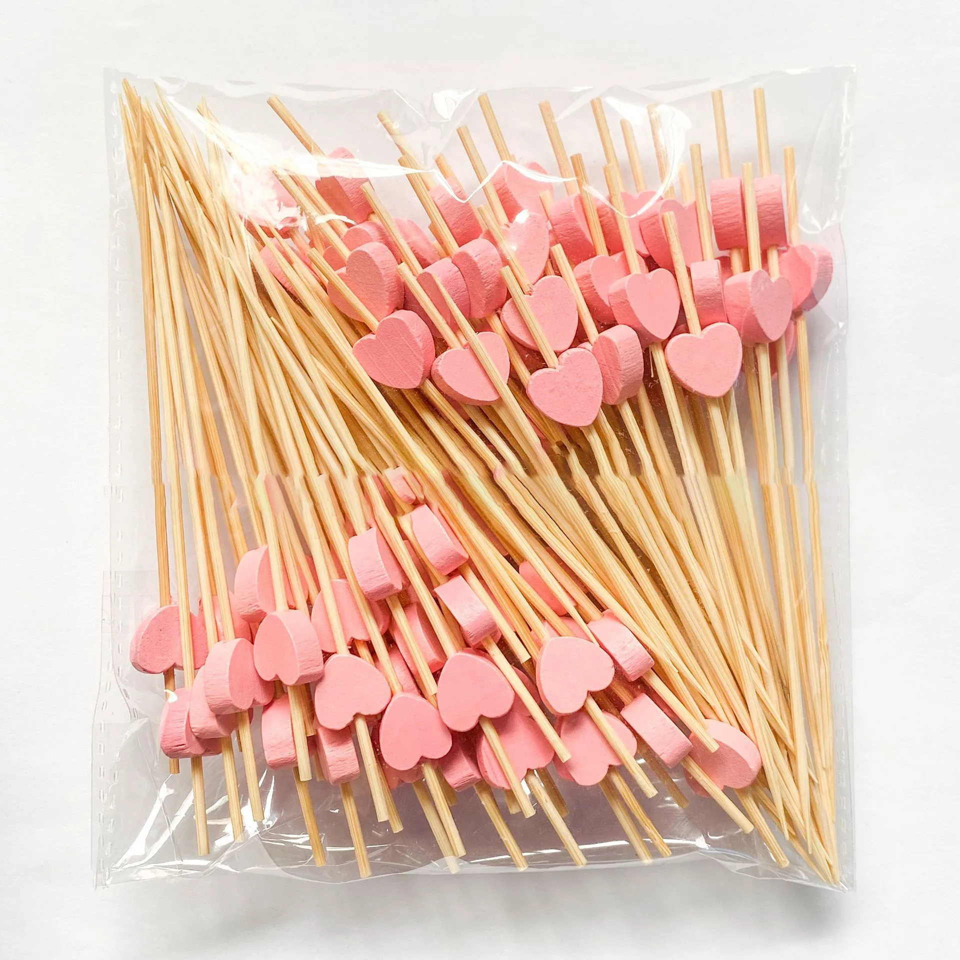 

100PCS 12cm Heart Beads Bamboo Fruit Sticks Buffet Cupcake Fruit Fork Dessert Salad Cocktail Sticks Sandwich Buffet Toothpicks