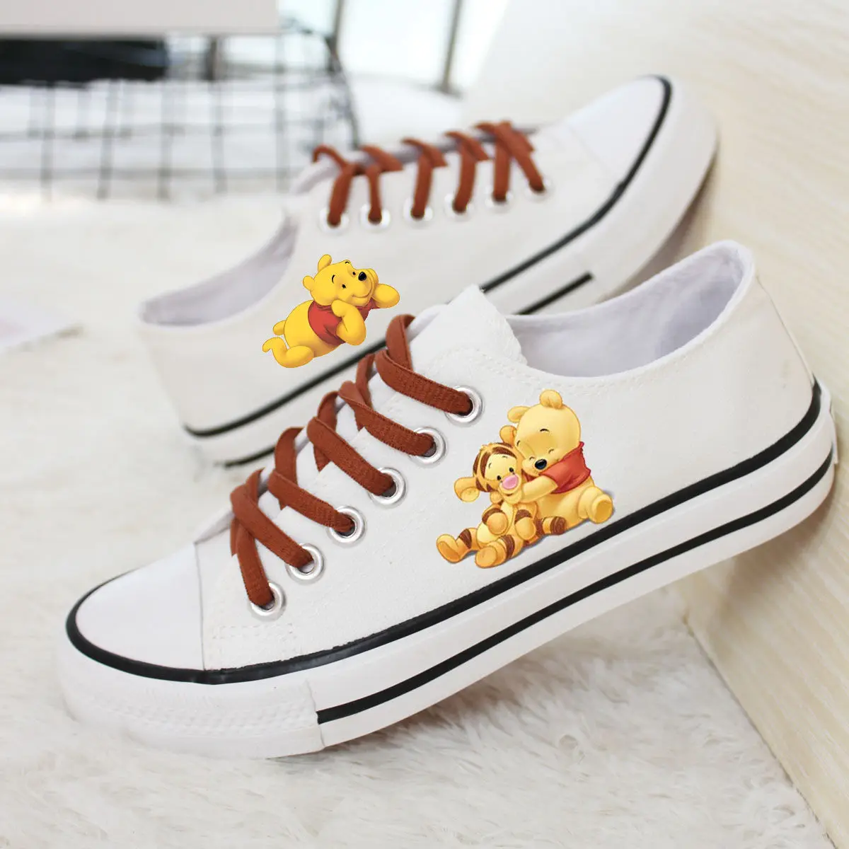 Disney New Winnie The Pooh Cartoon Casual Low-top Women's Shoes Men's Shoes Couple's White Shoes Flat Hand-painted Canvas Shoes