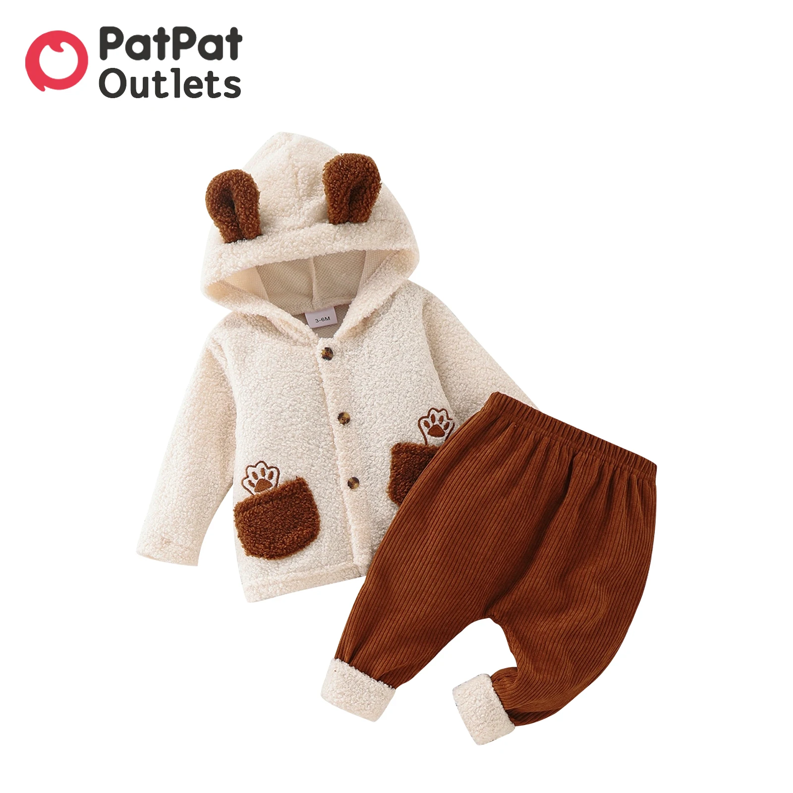

PatPat 2pcs Baby Boy/Girl Fuzzy Fleece 3D Ears Long-sleeve Outwear and Corduroy Trousers Set
