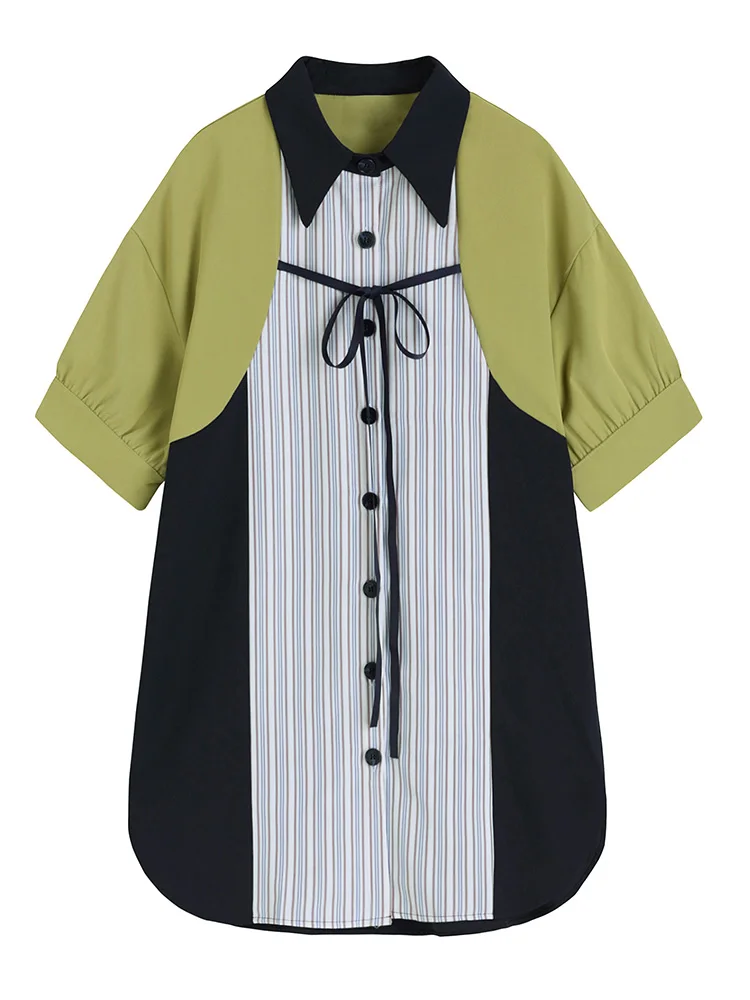 

Summer Dresses 2022 Designer Fashion Women Striped Contrast Patchwork Mini Dress Lapel Collar Short Sleeve Button Up Shirt Dress