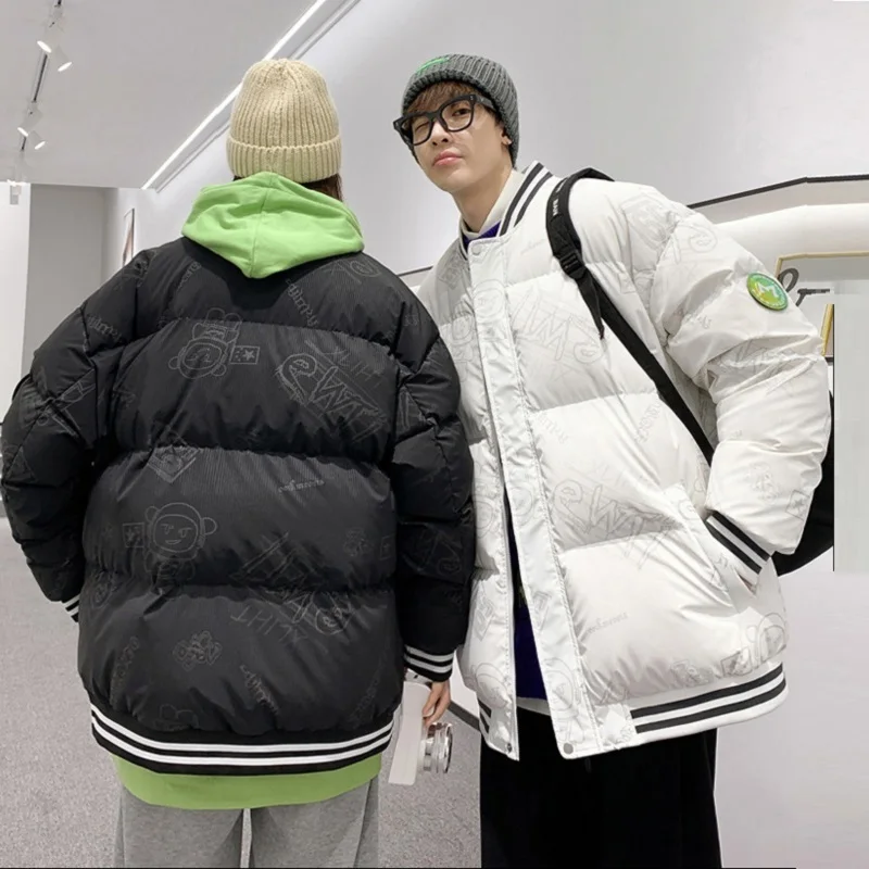 Winter Coat Mens Fashion Printing Thickened Warm Baseball Jackets Korean Version Couple Stand Collar Bread Jacket Parkas