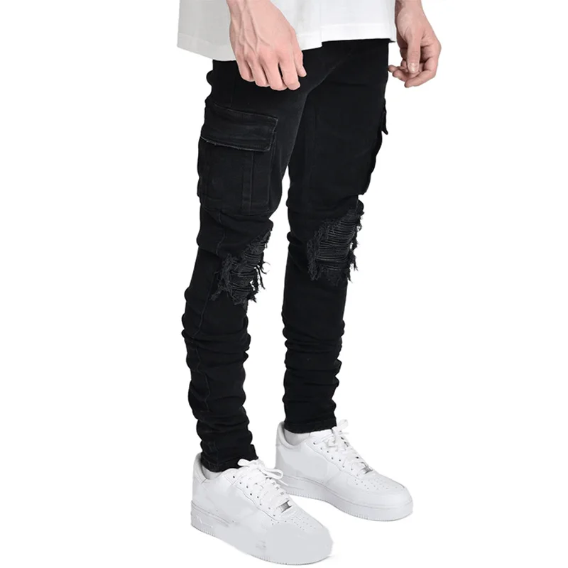 New Mens Jeans Pants Hole Trend Black Slim Denim Jeans Streetwear Men Fashoin Full Length Ripped Jeans