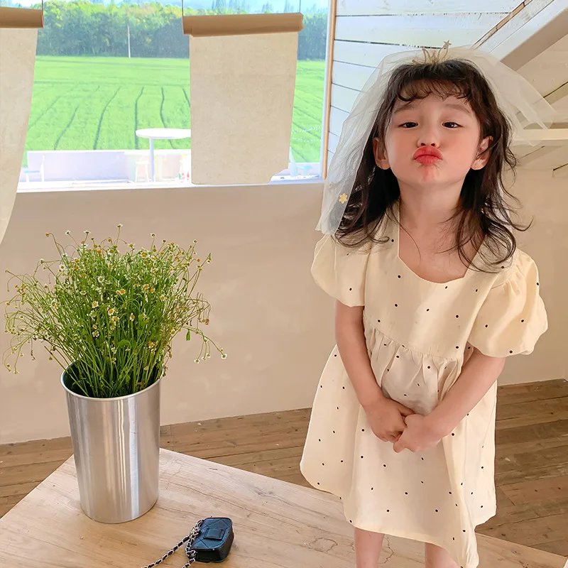 

2022 Summer New Girls Backless Dress Cute Dot Print Baby Girl Puff Sleeve Bow Dress Children Casual Princess Dress