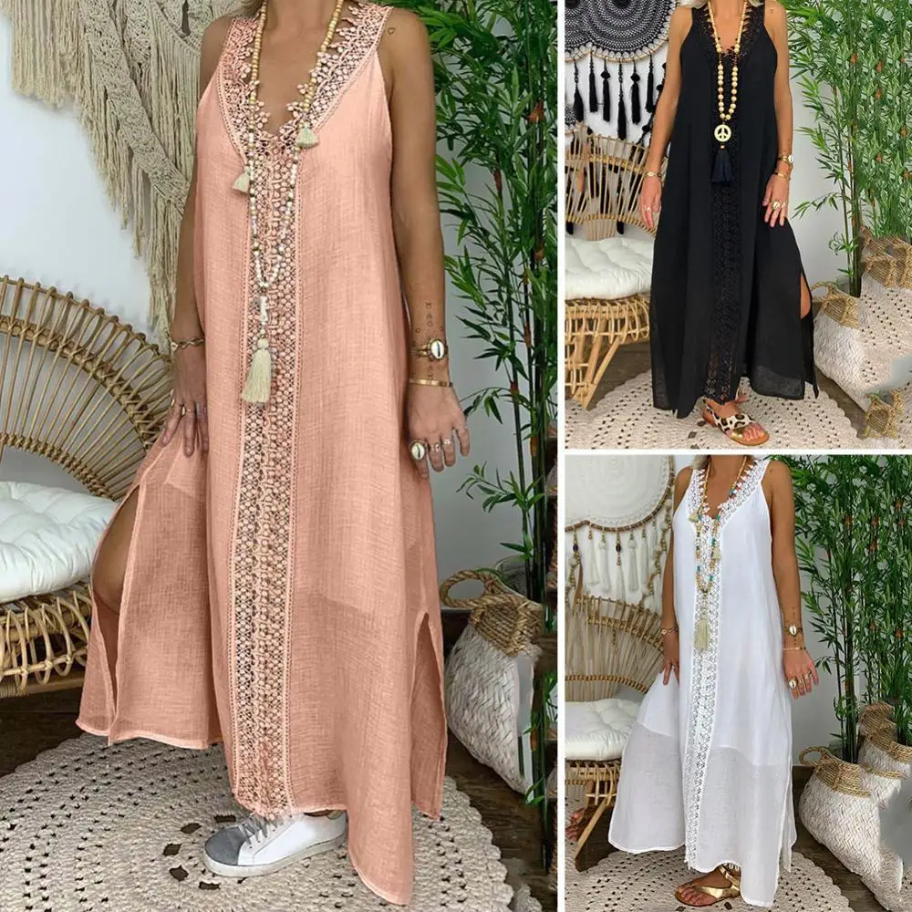 

Женское однотонное платье без рукавов с V-образным вырезом и кружевом