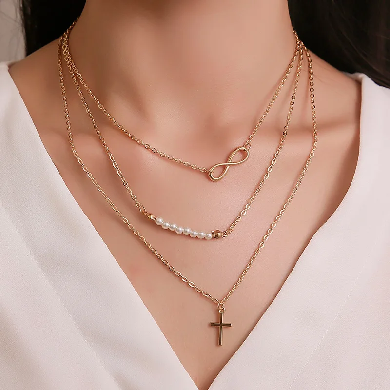 

Foreign Trade European and American Fashion Women's 8-character Pearl Multi-layer Pendant Necklace Cross Clavicle Chain Jewelry