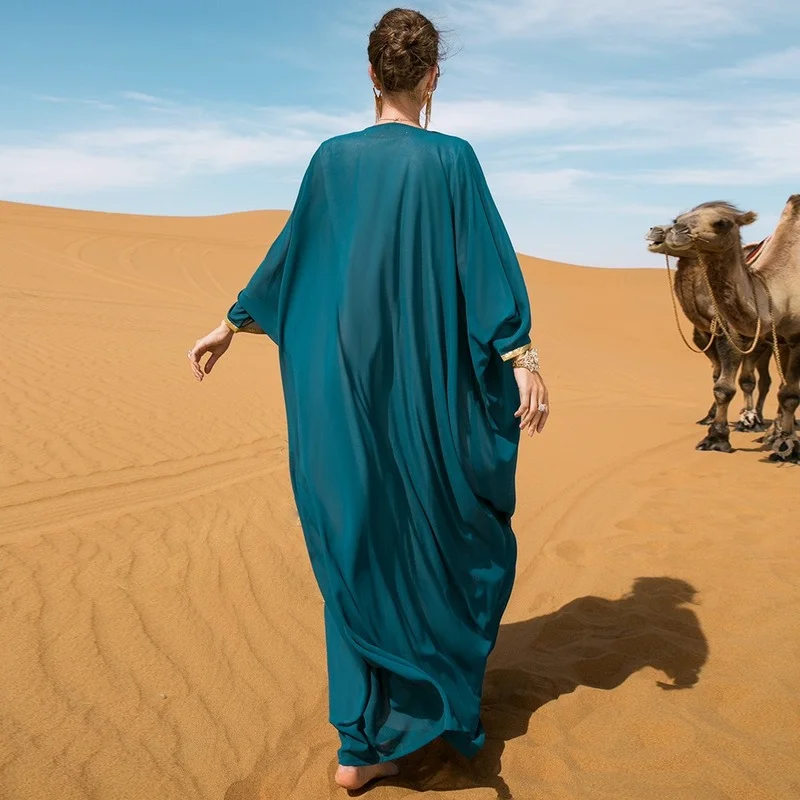Cape Lake Blue Gold Ribbon Cape Loose Batshirt Robe Middle East Morocco Dubai Elegant Long Dress 2022 New Fashion Ramadan Muslim