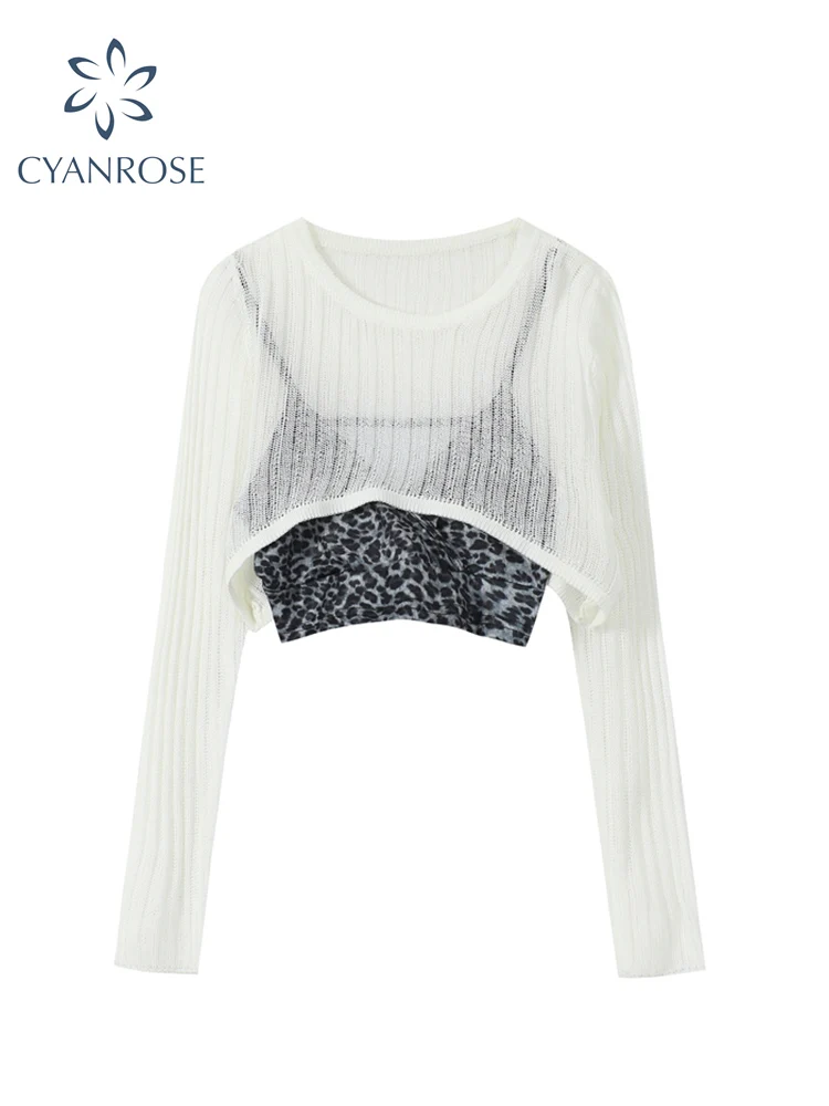 Женская футболка с длинным рукавом белая ажурная на бретелях леопардовым